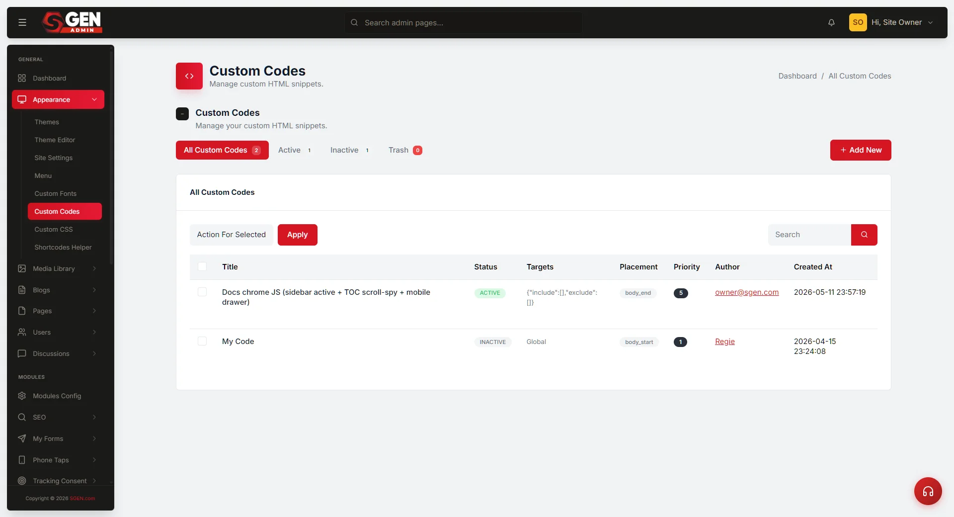 SG PANEL Custom Codes - where the Help Widget script is added