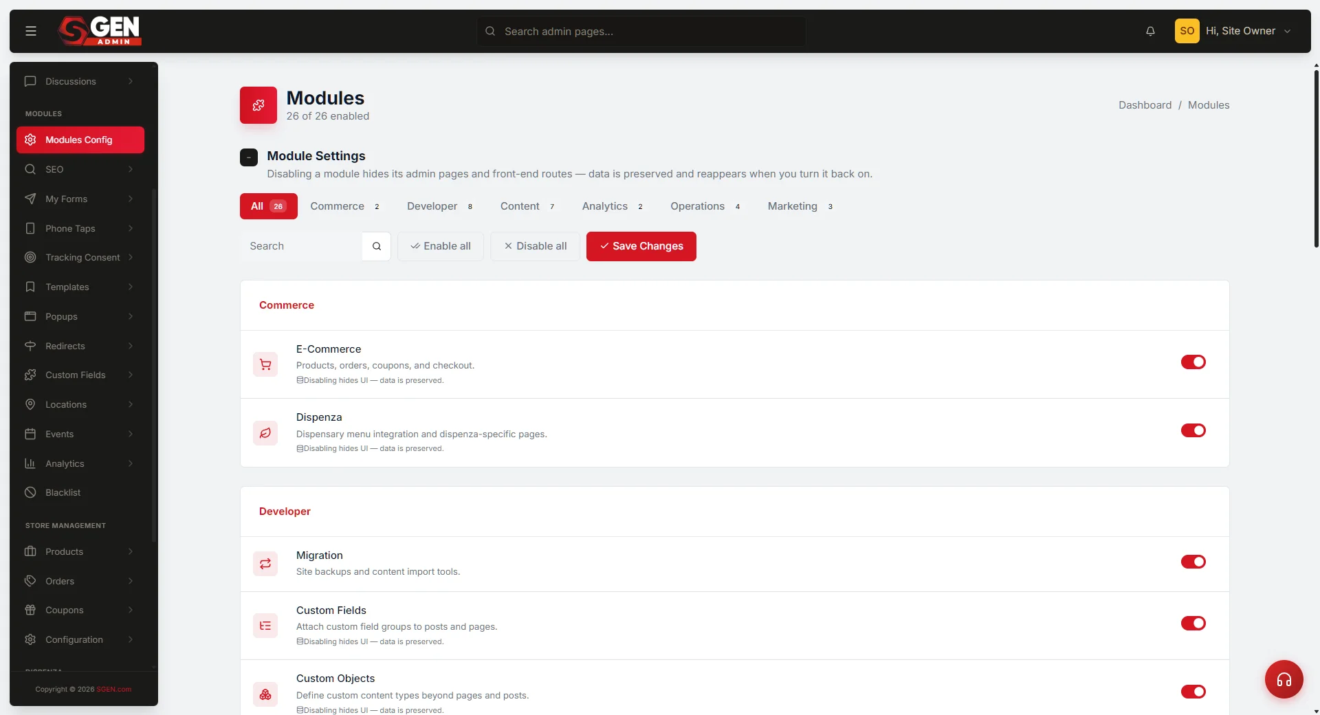 SG PANEL Modules Config page